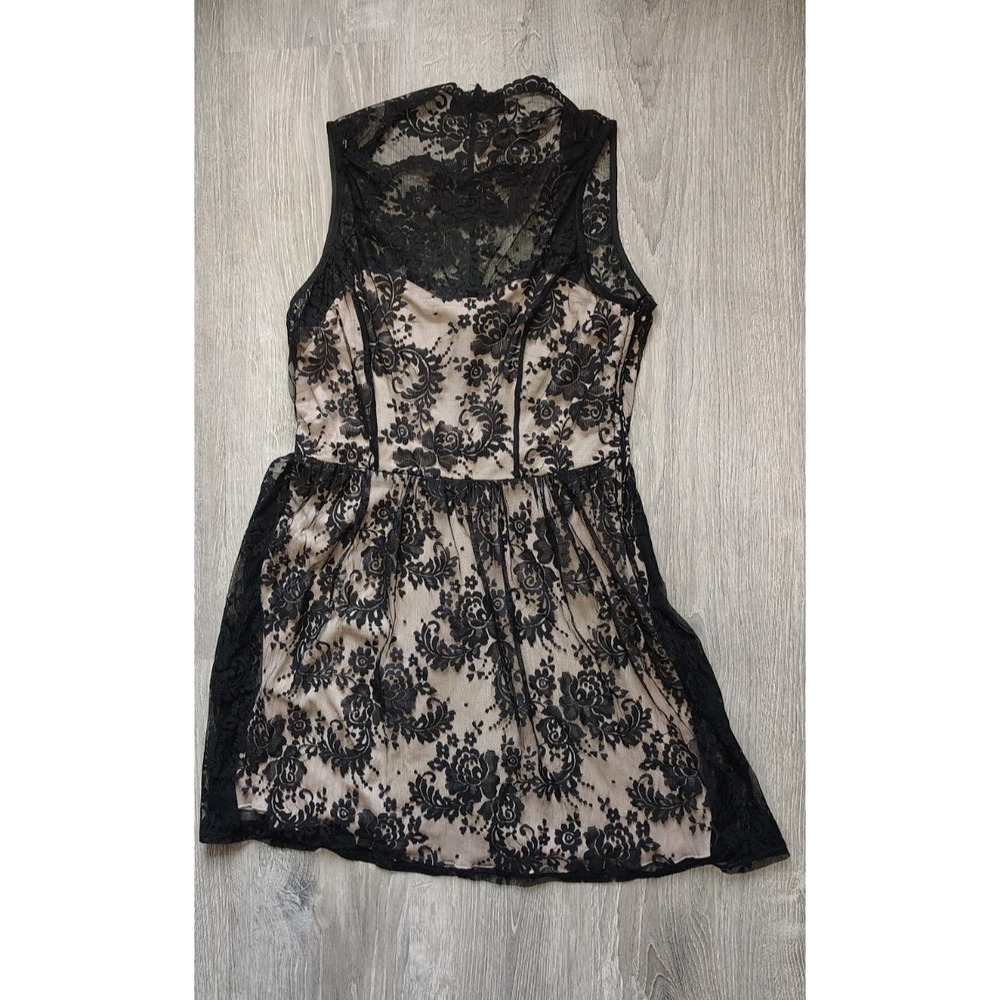 Jodi Kristopher Black Lace Over Nude Mini Dress Juniors Size 13 Lined Zip Bows‎